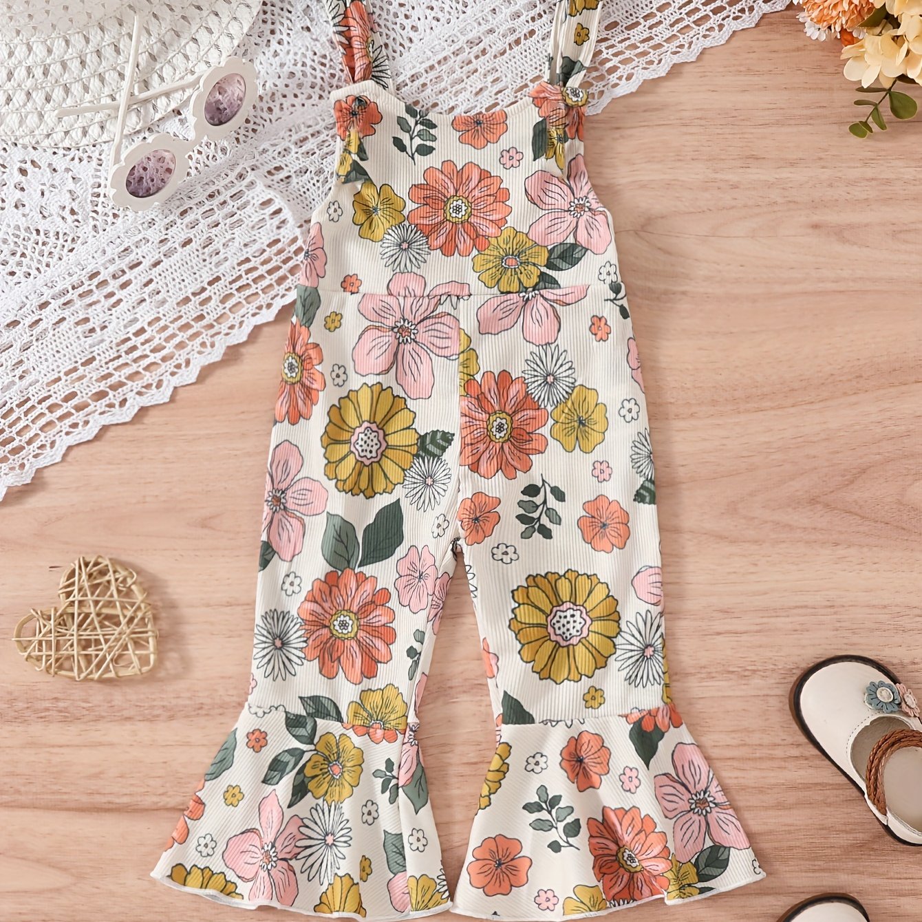 Baby's Colorful Flower Pattern Ribbed Jumpsuit