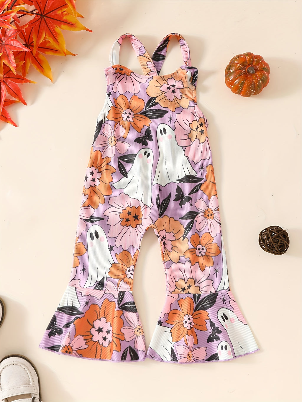 Baby's Colorful Flower Pattern Ribbed Jumpsuit