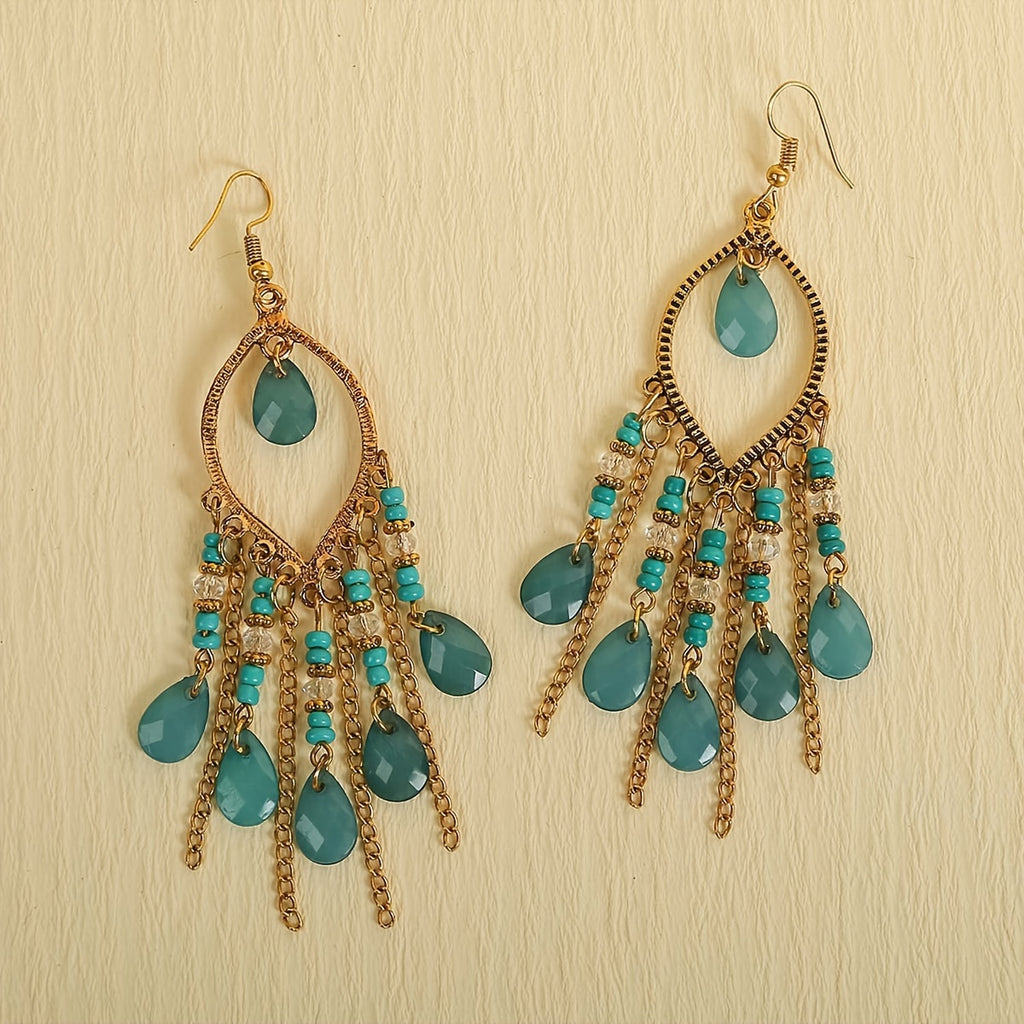 Hollow Teardrop Natural Stone Chain Earrings