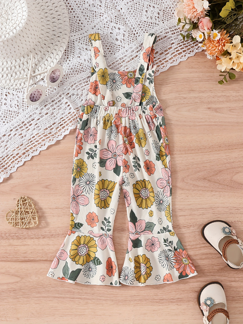 Baby's Colorful Flower Pattern Ribbed Jumpsuit