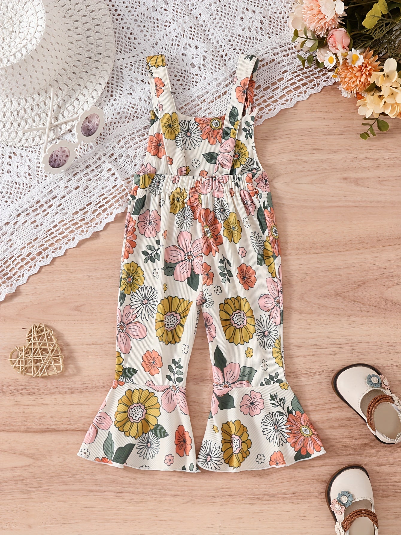 Baby's Colorful Flower Pattern Ribbed Jumpsuit