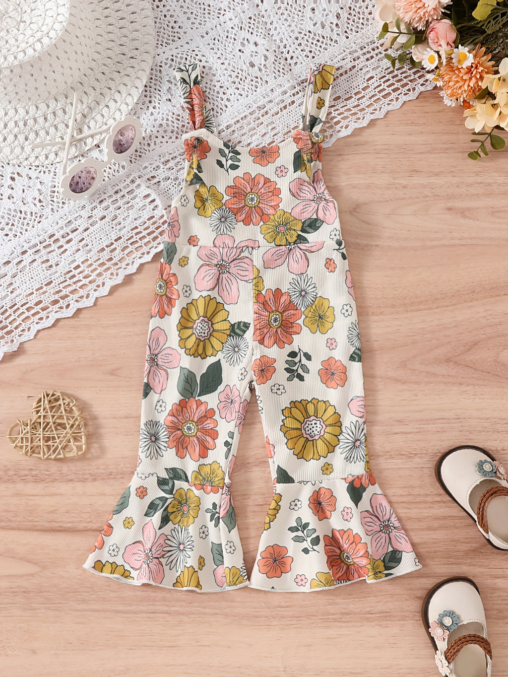 Baby's Colorful Flower Pattern Ribbed Jumpsuit