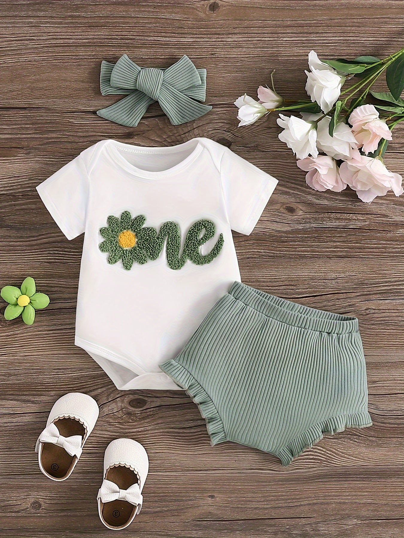 Baby's ONE Flower Embroidered 2pcs Summer Outfit