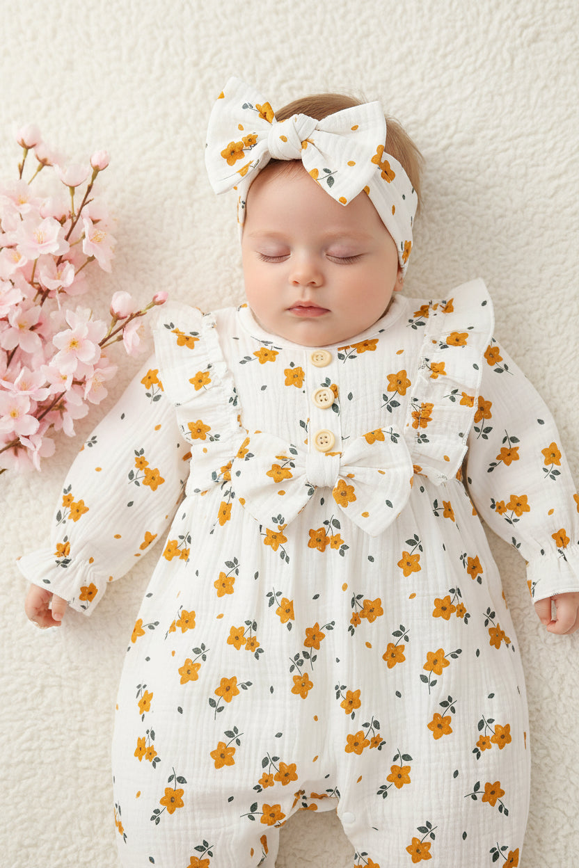 Baby's Bowknot Decor Flower Pattern Cotton Bodysuit