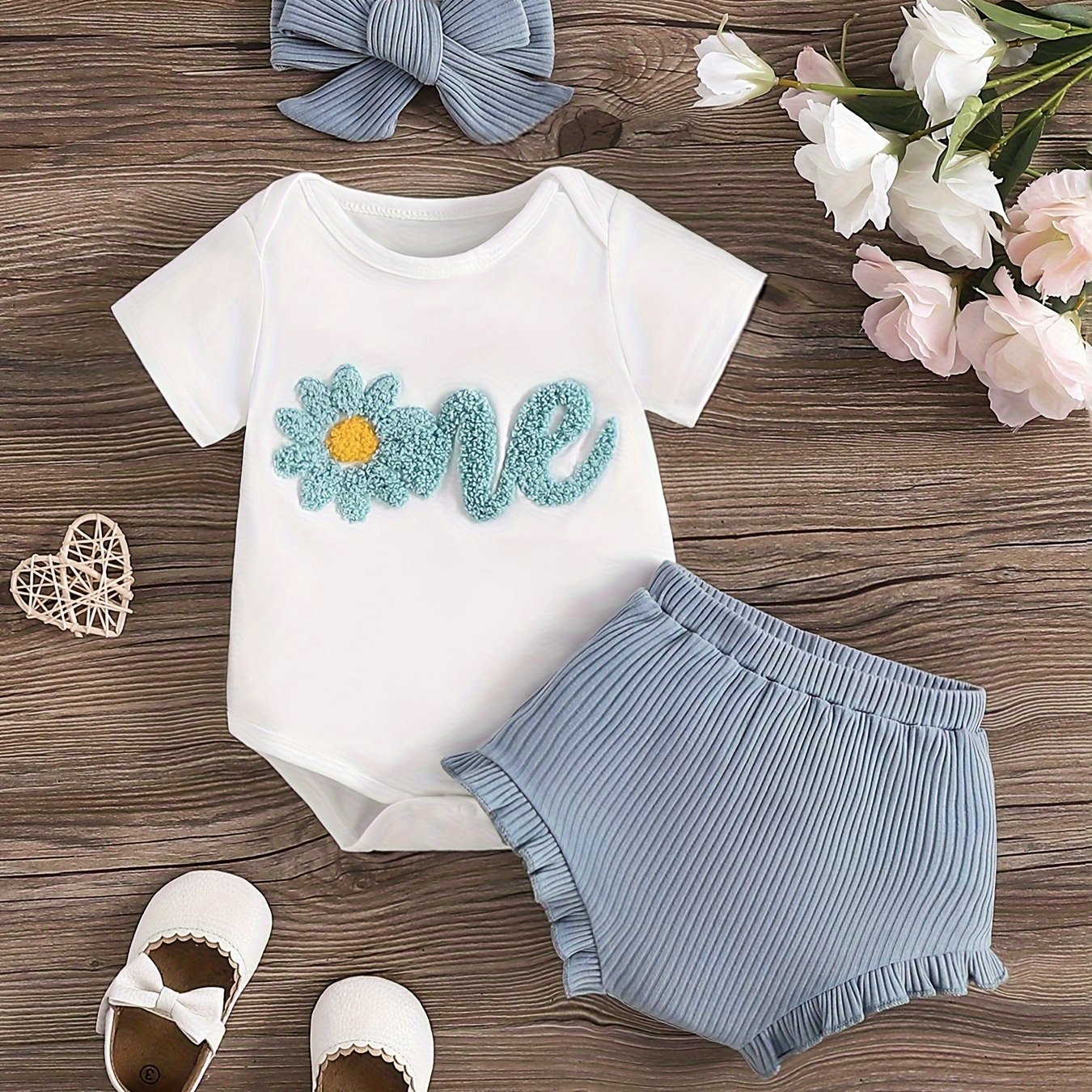Baby's ONE Flower Embroidered 2pcs Summer Outfit