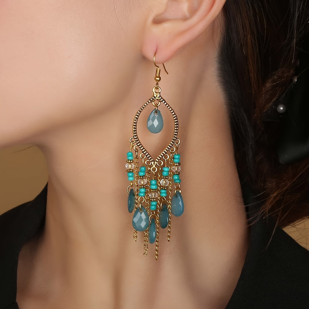 Hollow Teardrop Natural Stone Chain Earrings