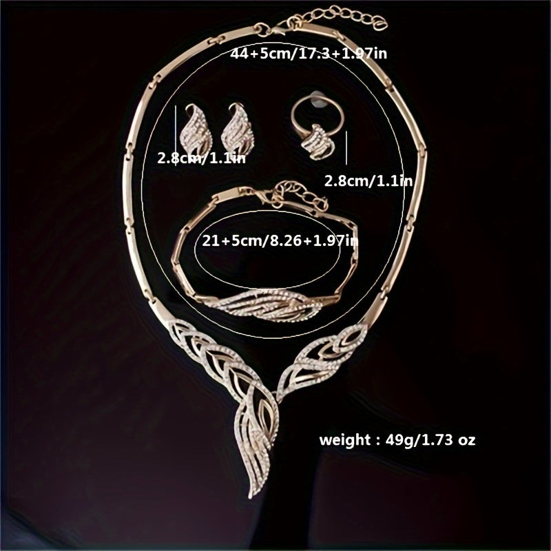 5pcs Earrings Necklace Bracelet Plus Ring Elegant Jewelry Set 14k Gold Plated