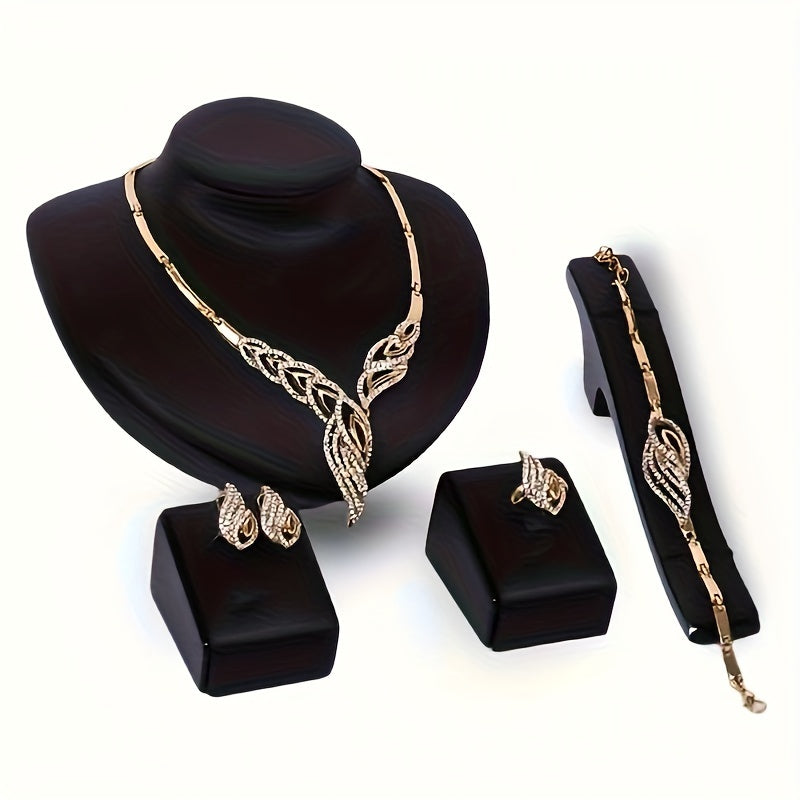 5pcs Earrings Necklace Bracelet Plus Ring Elegant Jewelry Set 14k Gold Plated