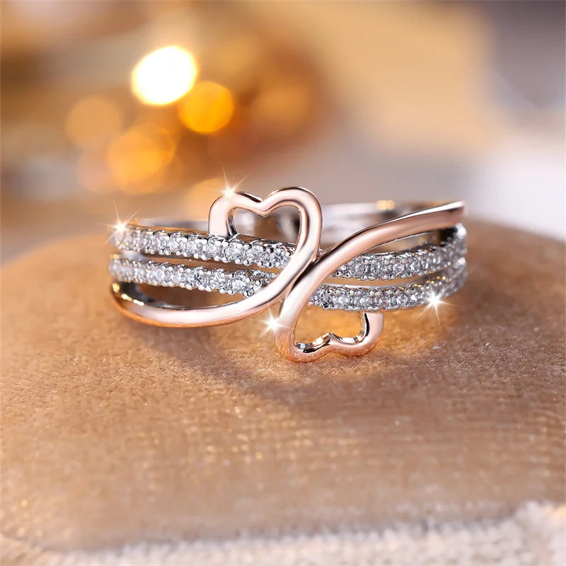 White Zircon Rose Gold Double Heart  Rings