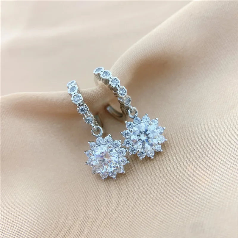 Moissanite Plate Sun Flower Hoop Drop Earring