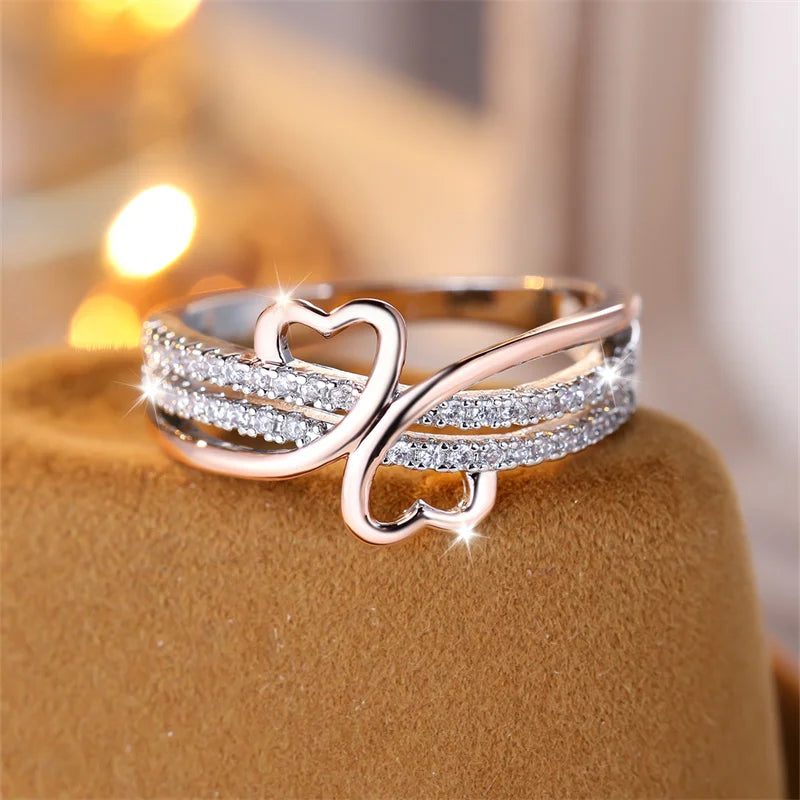 White Zircon Rose Gold Double Heart  Rings
