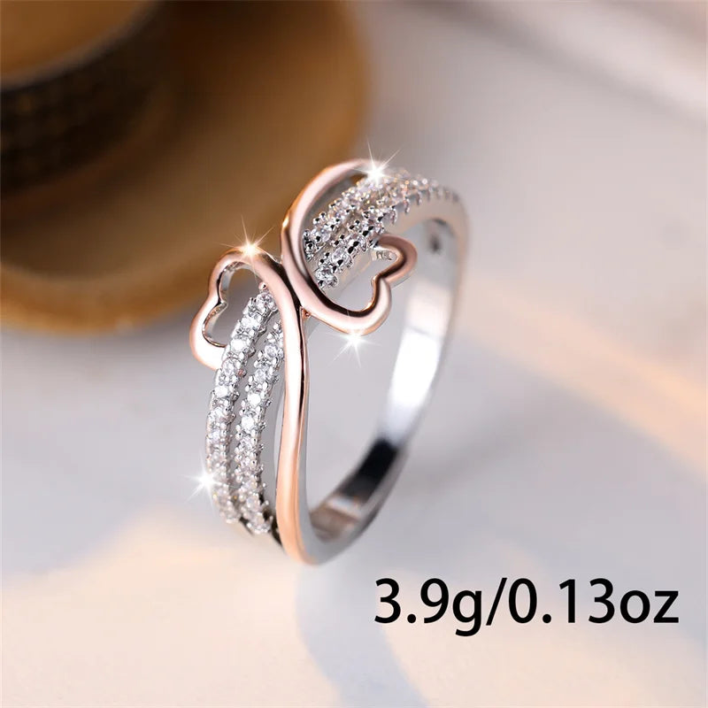 White Zircon Rose Gold Double Heart  Rings