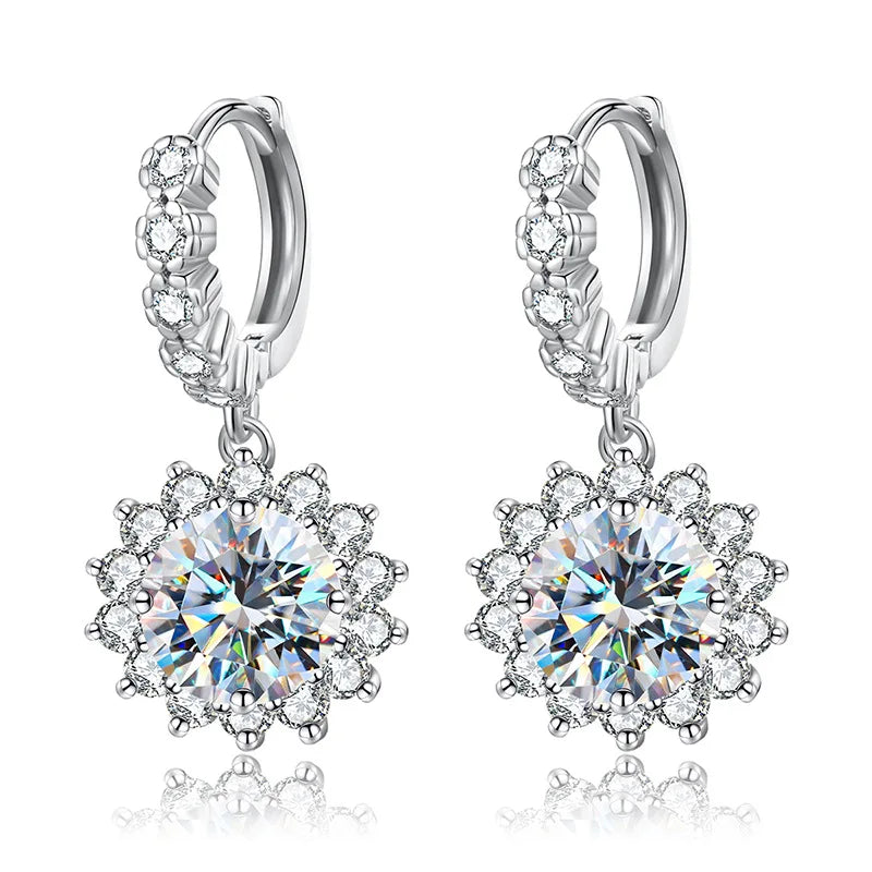 Moissanite Plate Sun Flower Hoop Drop Earring