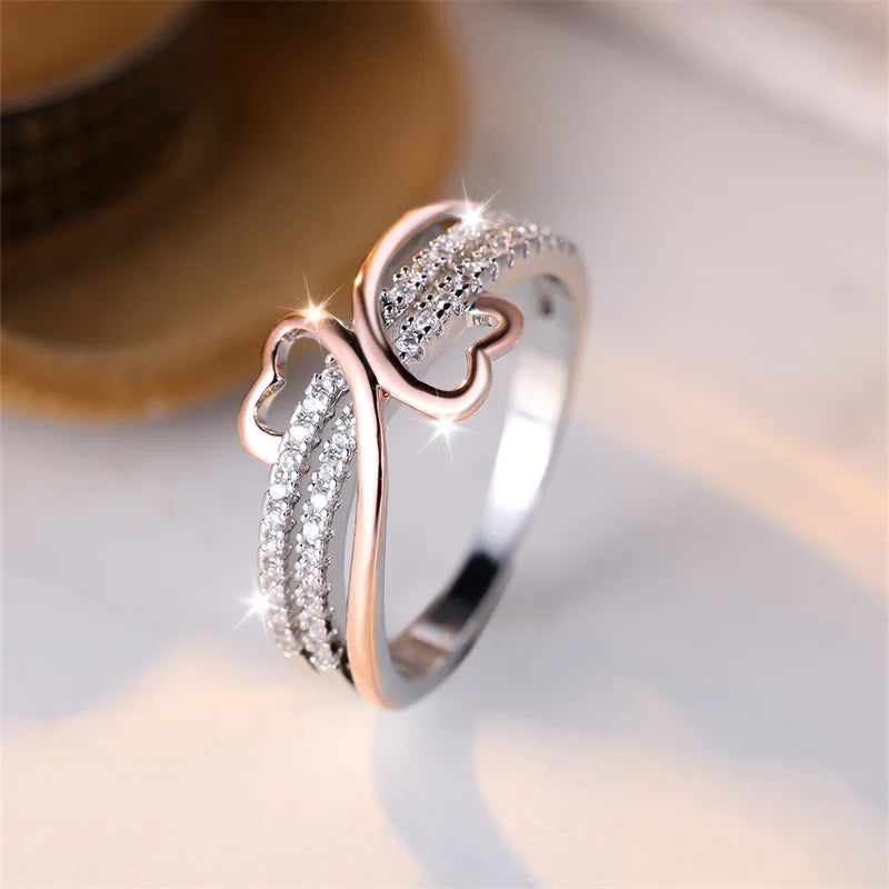 White Zircon Rose Gold Double Heart  Rings