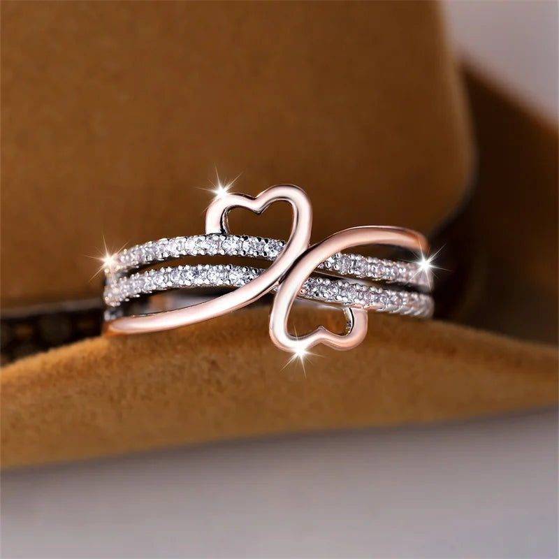 White Zircon Rose Gold Double Heart  Rings