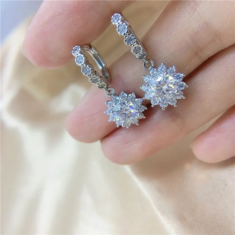 Moissanite Plate Sun Flower Hoop Drop Earring