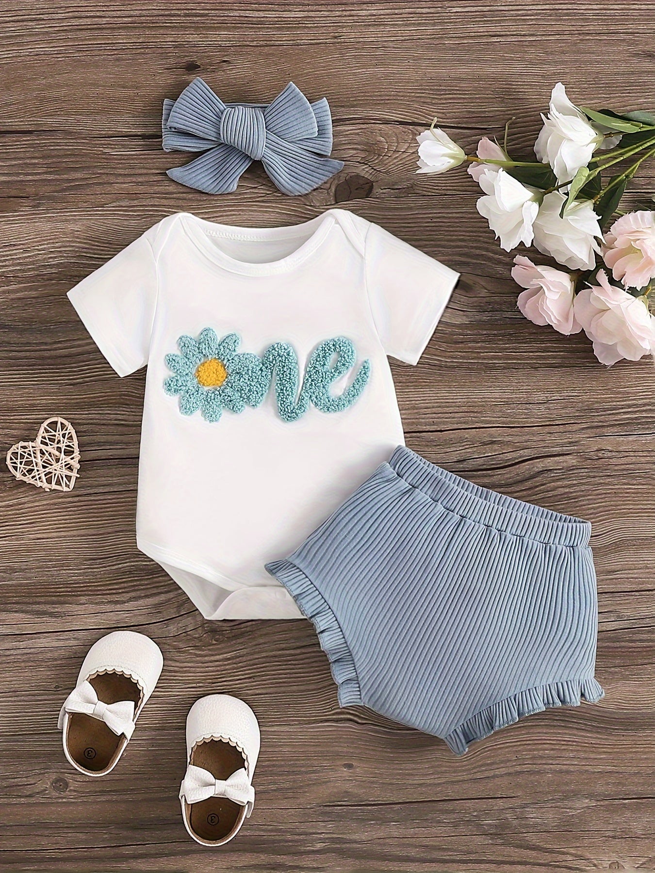Baby's ONE Flower Embroidered 2pcs Summer Outfit