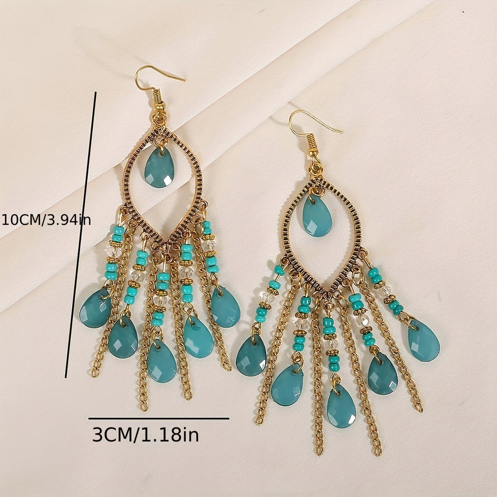 Hollow Teardrop Natural Stone Chain Earrings