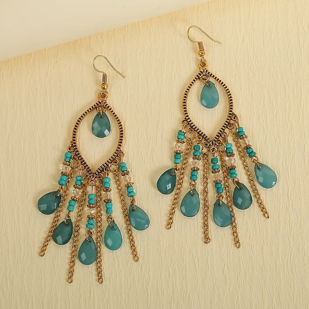 Hollow Teardrop Natural Stone Chain Earrings