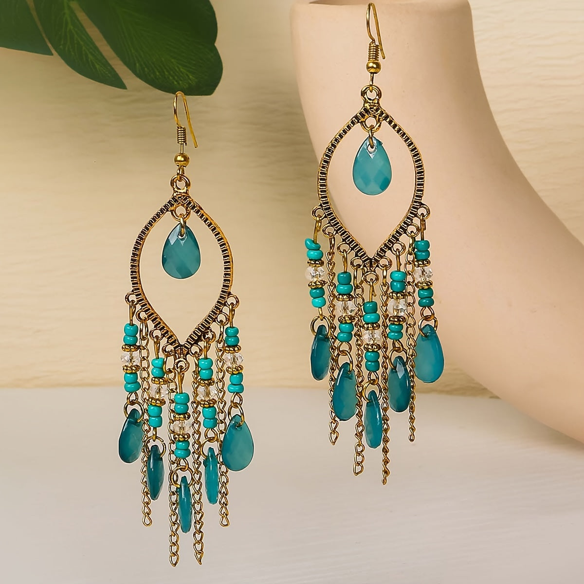 Hollow Teardrop Natural Stone Chain Earrings