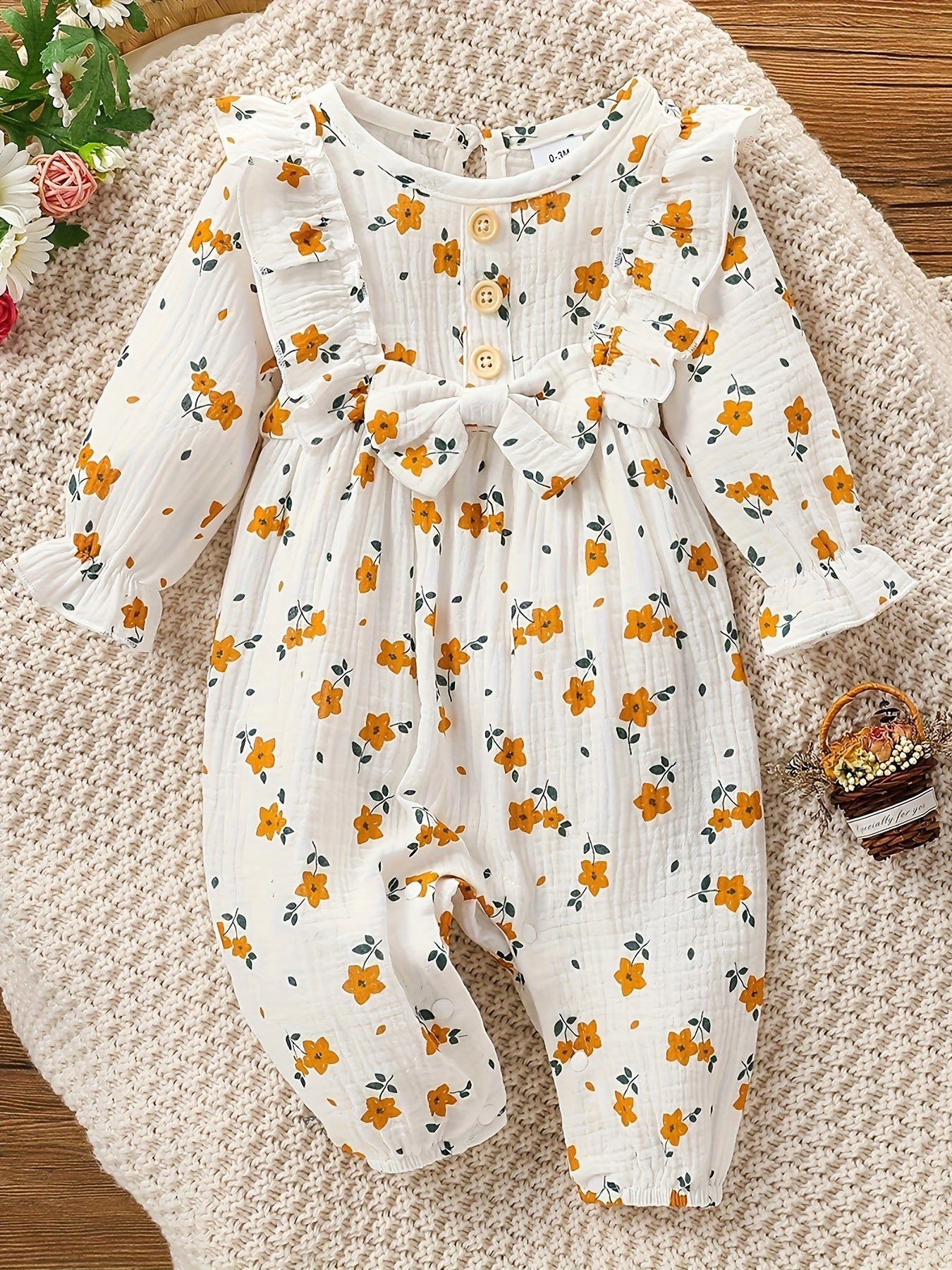 Baby's Bowknot Decor Flower Pattern Cotton Bodysuit