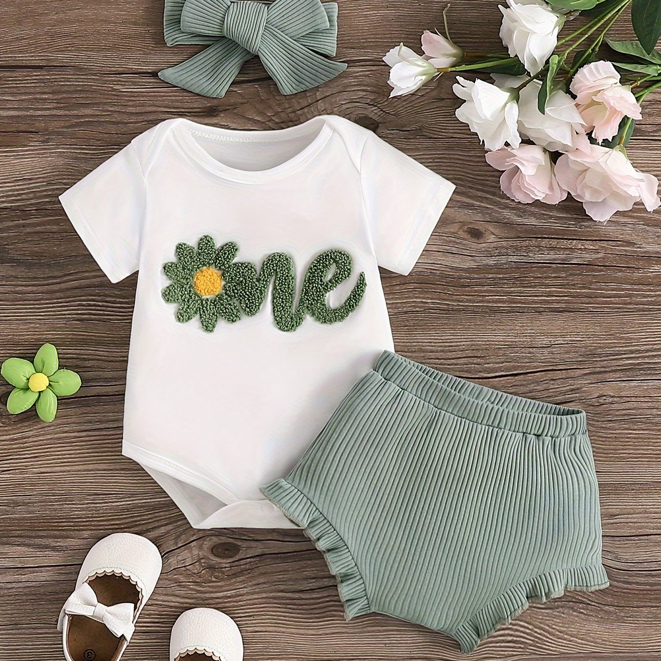 Baby's ONE Flower Embroidered 2pcs Summer Outfit